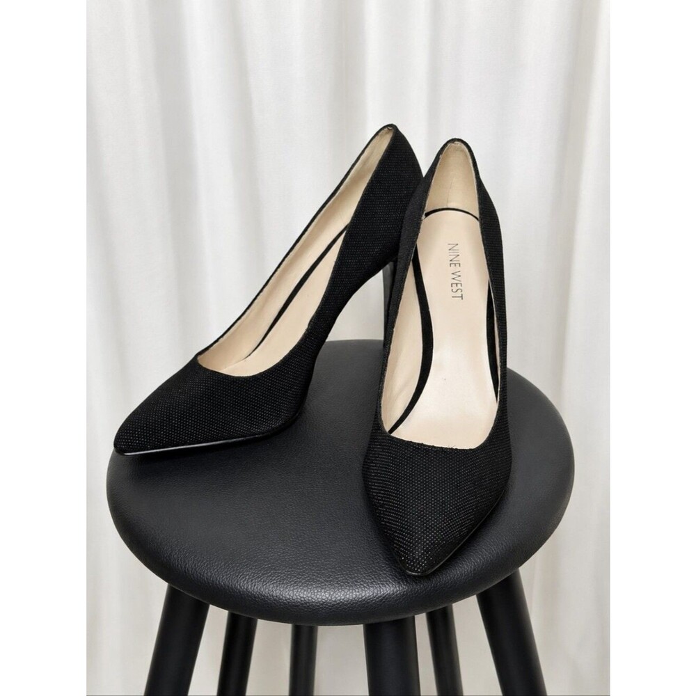 Nine West Seespoto Black Textured Leather Mini Dot Pointed Toe Stiletto Pumps